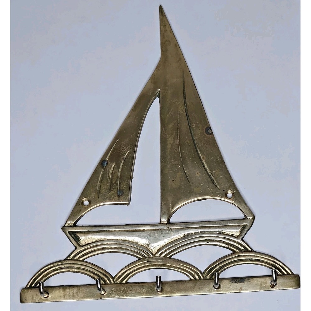 Vintage Brass Sailboat Key Holder Nautical 7 1/2" x 7" Interpur Taiwan Beach